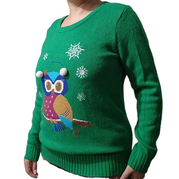 Sophia & Jayne Sweaters - Green Knitted Owl Ugly Sweater Sz Med